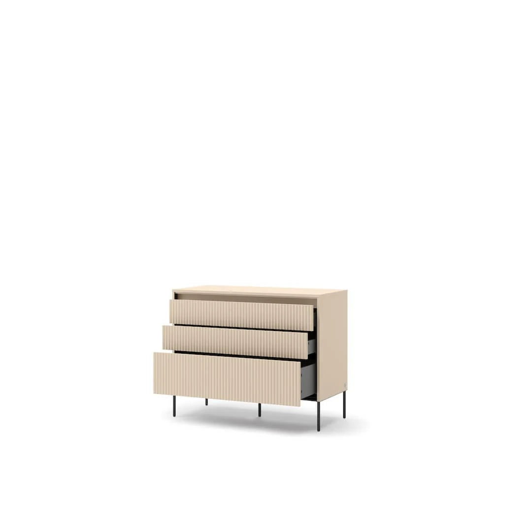 Light beige chest of drawers with two stacked drawers and black metal feet