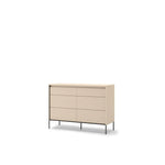 Two-drawer chest of drawers with vertical ribbed panels and black metal legs