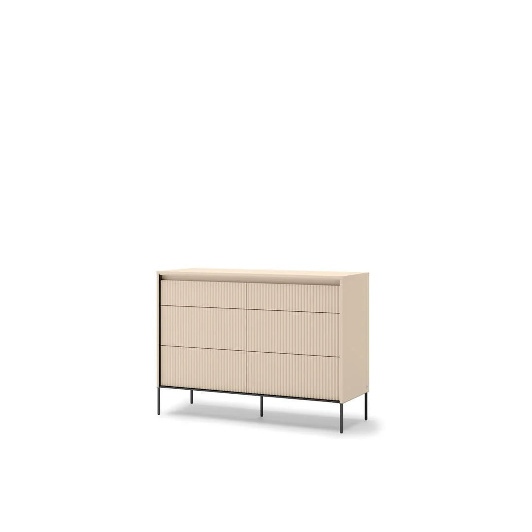 Two-drawer chest of drawers with vertical ribbed panels and black metal legs