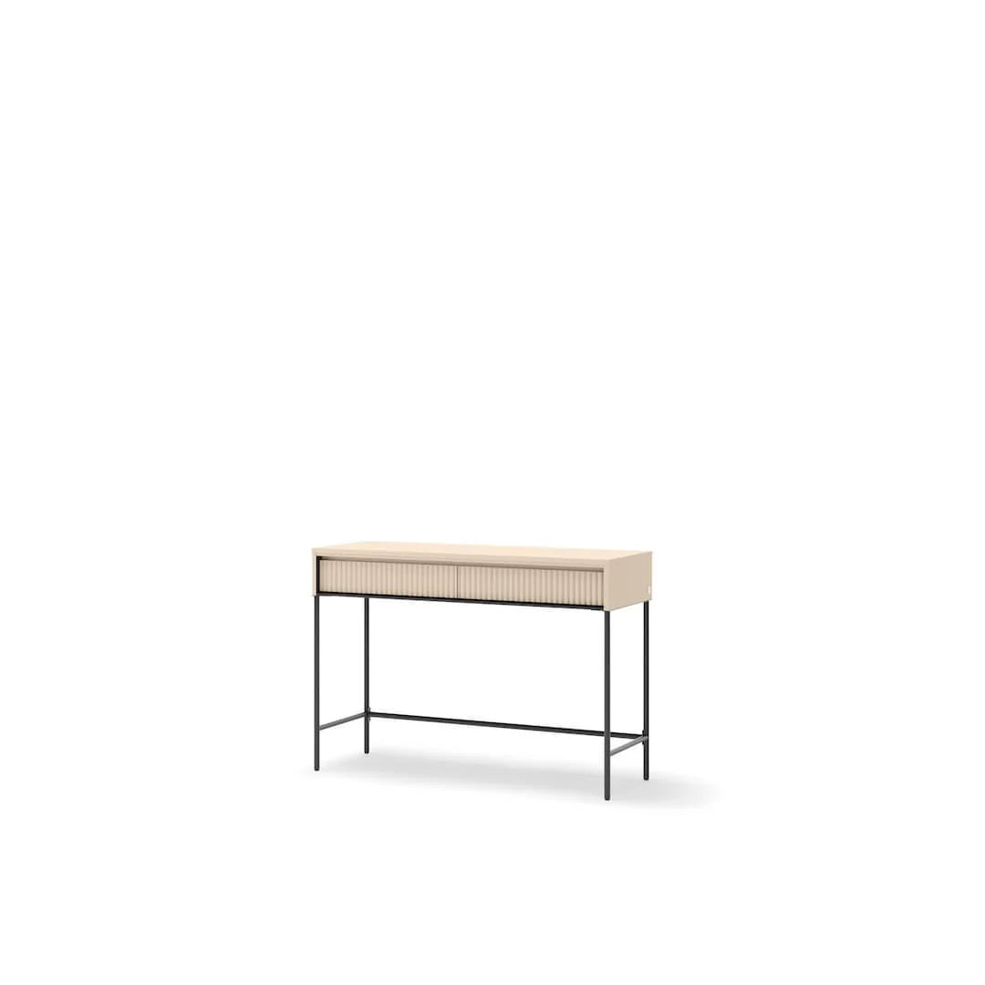 Light wood dressing table with ribbed drawer fronts and black metal frame