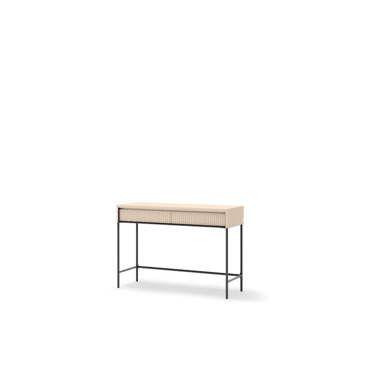 Light wood dressing table with ribbed drawer fronts and black metal frame