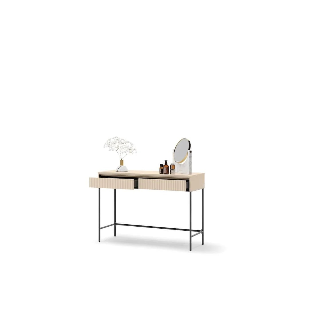 Light wood dressing table with ribbed drawer and tabletop accessories, round mirror