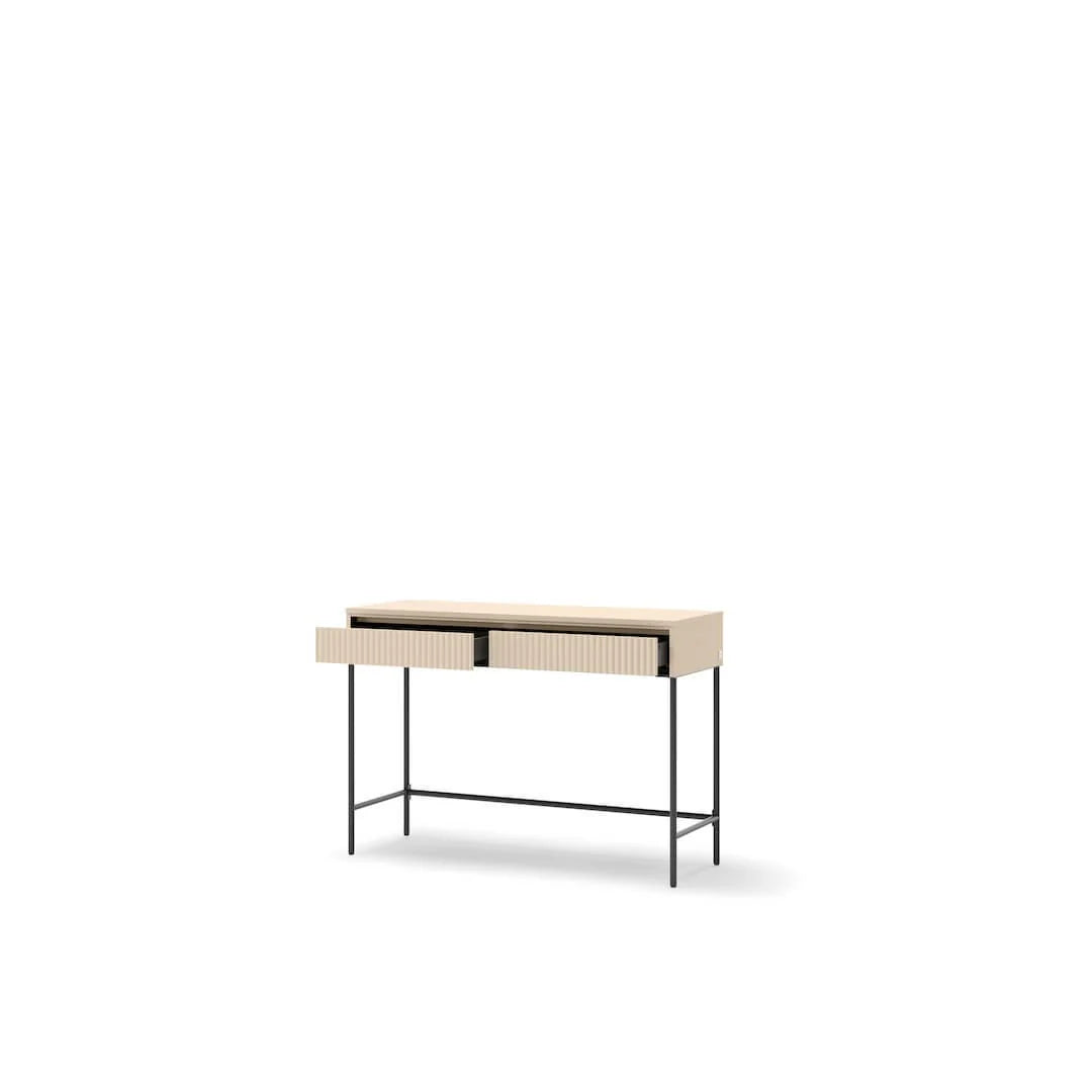 Light wood dressing table with ribbed drawer panel and black metal legs