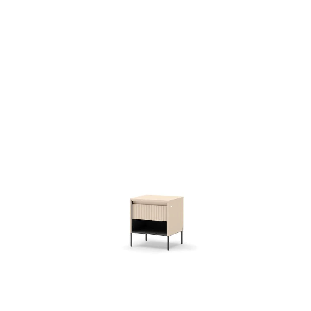 Light beige bedside table with ribbed drawer front and open shelf, black tapered legs