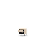 Light beige bedside table with ribbed drawer and open lower compartment, black legs