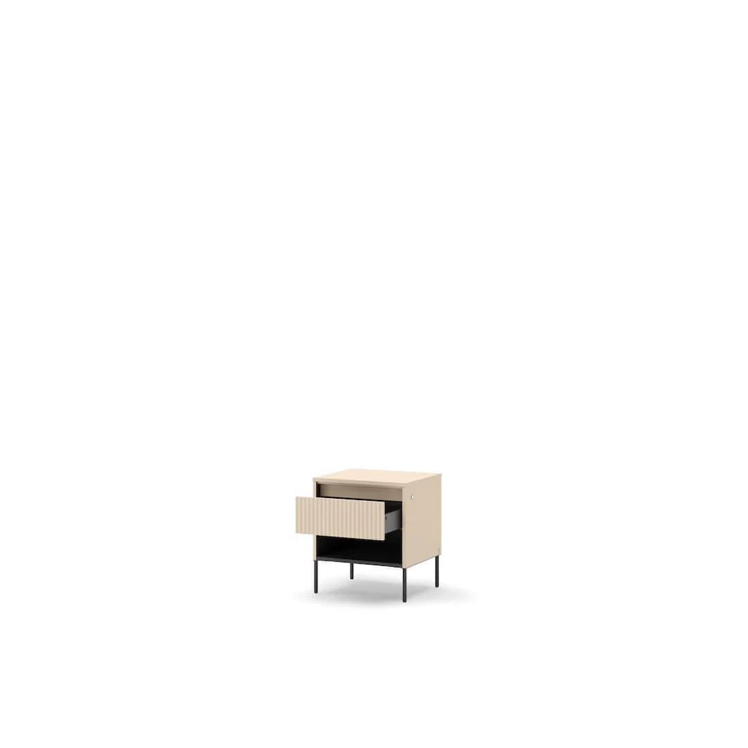 Light beige bedside table with ribbed drawer and open lower compartment, black legs