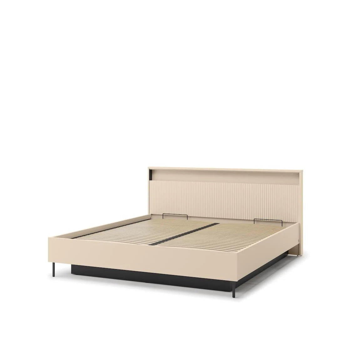 Beige upholstered ottoman bed with open storage base and striped slatted support panel