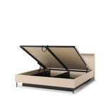Beige ottoman bed with open storage and raised striped slatted lid mechanism