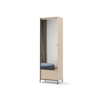 Cream hallway cabinet with vertical mirror, ribbed door fronts, slim metal legs