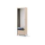 Hallway cabinet with vertical mirror panel, cream frame, ribbed lower front, metal feet