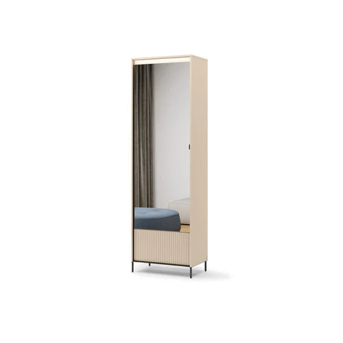 Hallway cabinet with vertical mirror panel, cream frame, ribbed lower front, metal feet