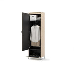 Hallway cabinet with mirror, open door storage with shelf, hanging rail, and drawers