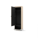Hallway cabinet with mirror, open door showing interior shelves and hanging bar