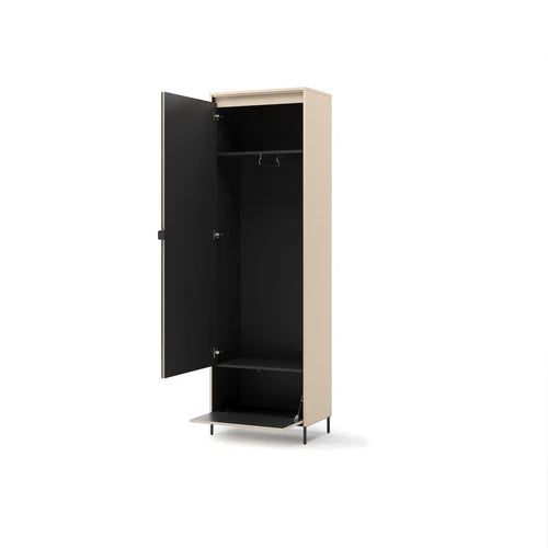 Hallway cabinet with mirror, open door showing interior shelves and hanging bar