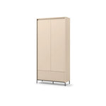 Double-door hallway cabinet with light exterior, ribbed lower panel, and slim metal legs