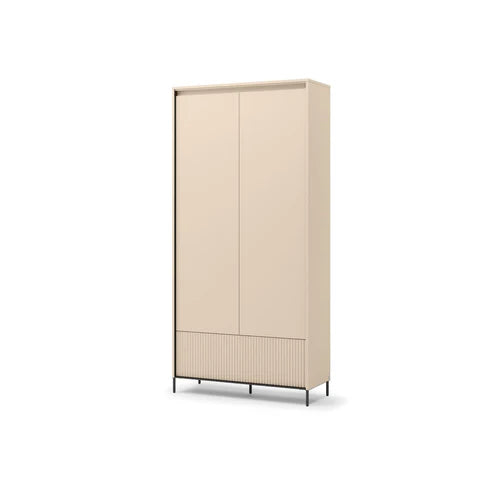 Double-door hallway cabinet with light exterior, ribbed lower panel, and slim metal legs