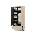 Double-door hallway cabinet with open door showing folded linens on interior shelves