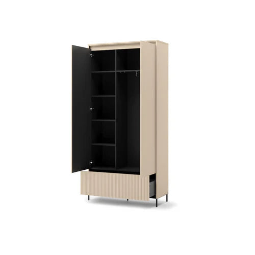Double-door hallway cabinet with open doors and dark interior shelves, 101 cm