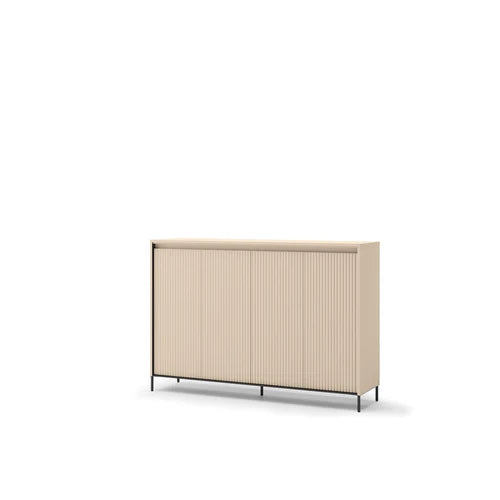Icon short hallway cabinet with ribbed beige front and two doors, standing on legs.