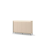 Icon short hallway cabinet with ribbed front panel, beige doors, slim legs.