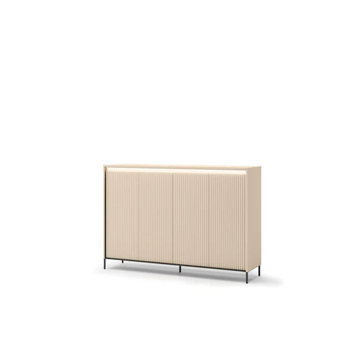 Icon short hallway cabinet with ribbed front panel, beige doors, slim legs.