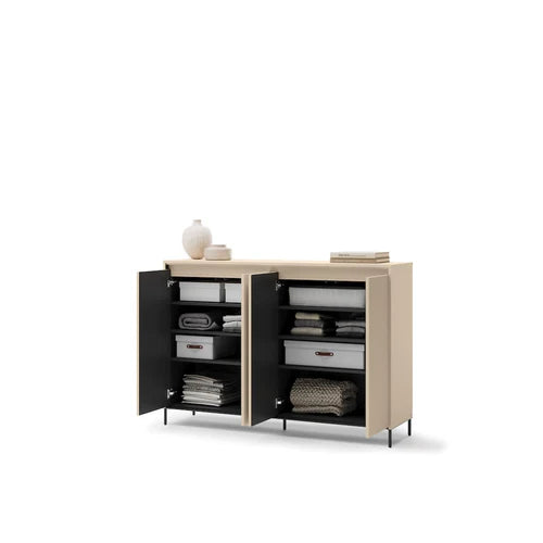 Icon short hallway cabinet with open doors and shelves with folded items.
