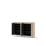Icon short hallway cabinet with open double doors, dark interior shelves.