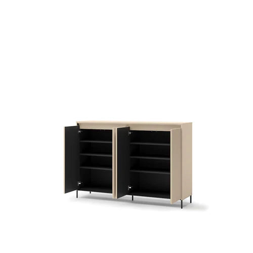 Icon short hallway cabinet with open double doors, dark interior shelves.