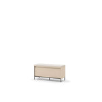 Light beige upholstered hallway bench with ribbed sides and black metal legs