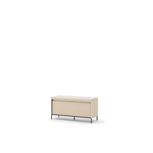 Light beige upholstered hallway bench with ribbed sides and black metal legs