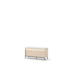 Light beige upholstered hallway bench with ribbed front and black metal legs