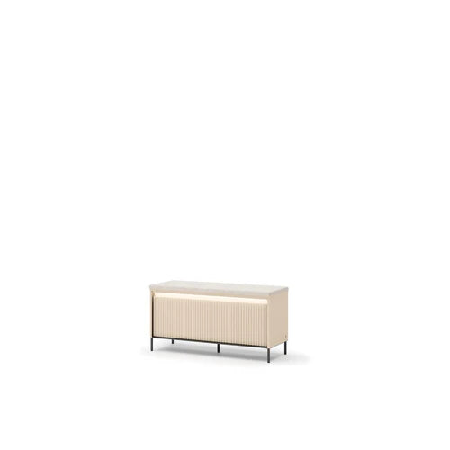 Light beige upholstered hallway bench with ribbed front and black metal legs