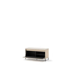 Light beige hallway bench with open storage compartment and black metal legs