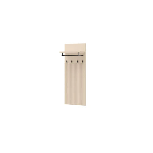 Wall-mounted coat hanger with light wood slat backing and black top rail holding multiple hooks