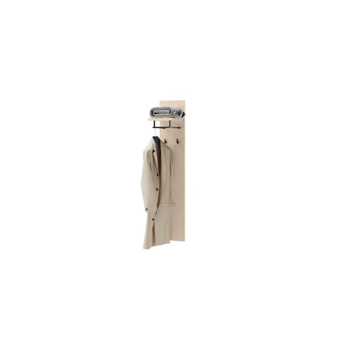 Wall-mounted coat hanger with light wood slat panel, black top shelf, and multiple hooks
