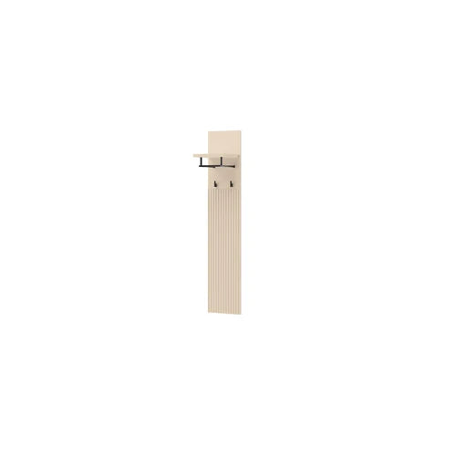 Wall-mounted coat hanger profile: light wood slat panel with black top rail and hooks