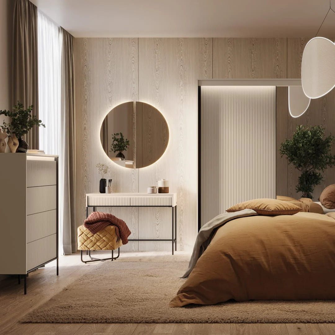 Double sliding door wardrobe with beige ribbed panels and gray interior