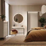 Triple sliding door wardrobe with ribbed beige doors and dark frame, front view