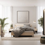 Light beige bedside table with ribbed drawer and open shelf, slender black legs