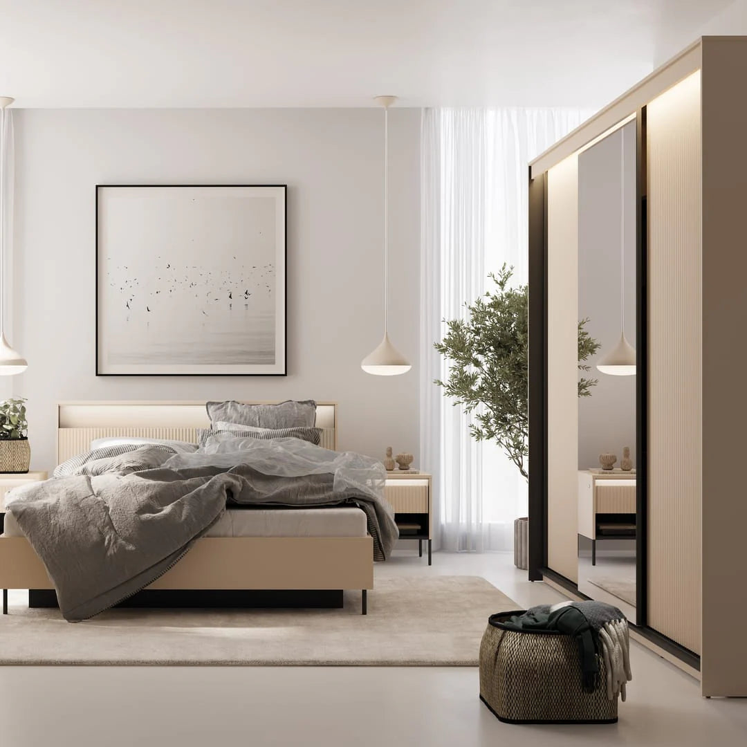 Beige ottoman bed with light gray bedding in a bright room with curtains