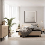 Light beige chest of drawers with two drawers and black metal legs next to bed