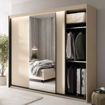 Triple sliding door wardrobe partially open, showing hanging clothes and storage shelves