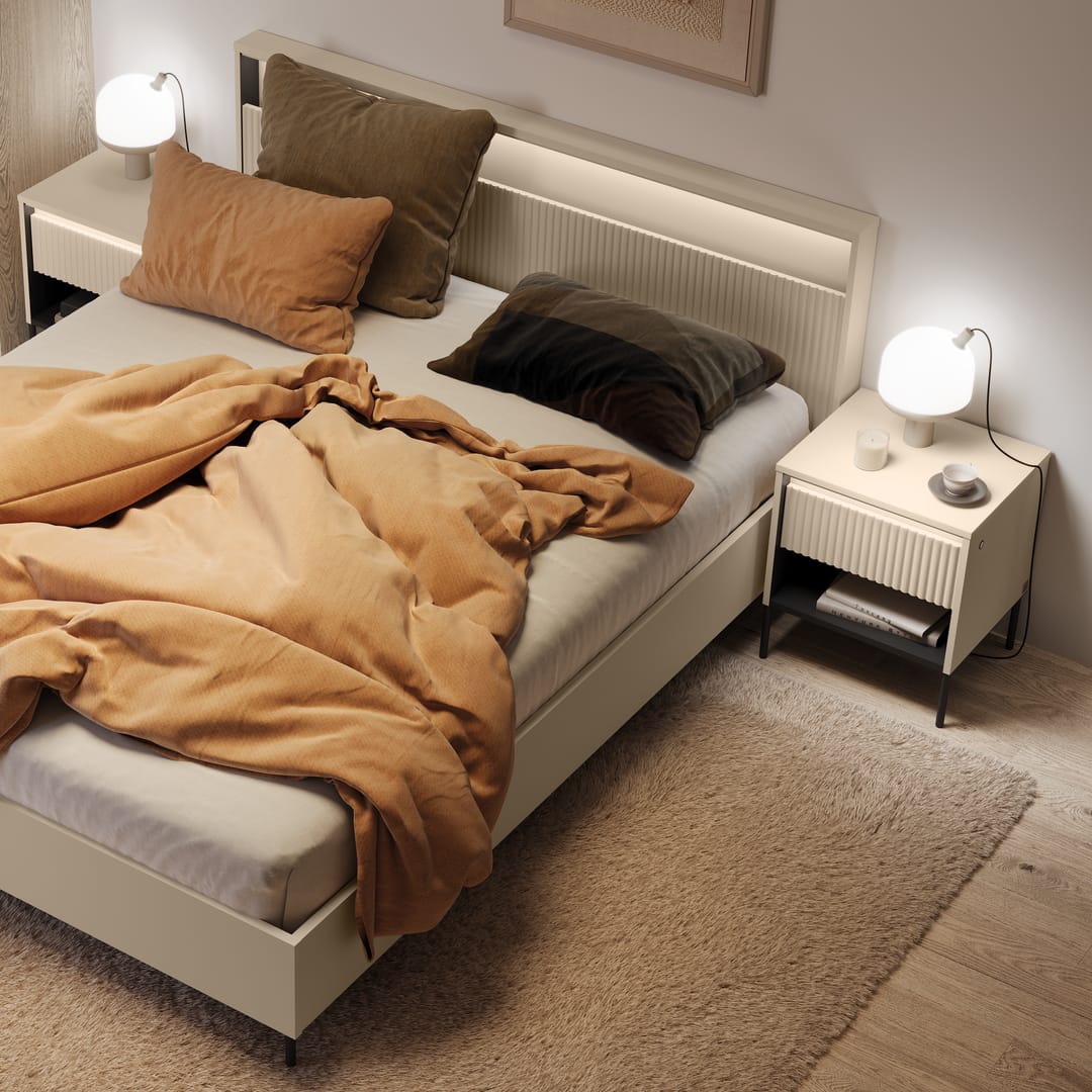Light beige bedside table with ribbed drawer front and open shelf, black tapered legs