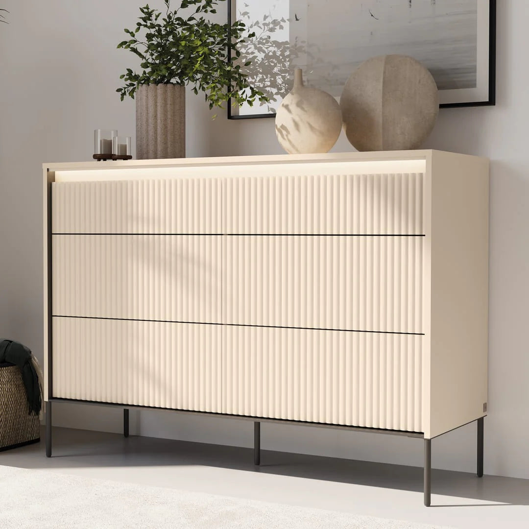 Ribbed front double chest of drawers with horizontal lines and black metal legs
