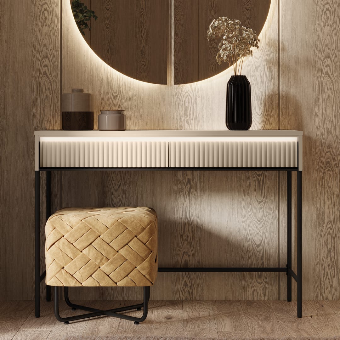 Light wood dressing table with ribbed drawer front and black metal frame