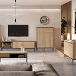 Short sideboard cabinet with wood-look doors, drawers, and black metal legs