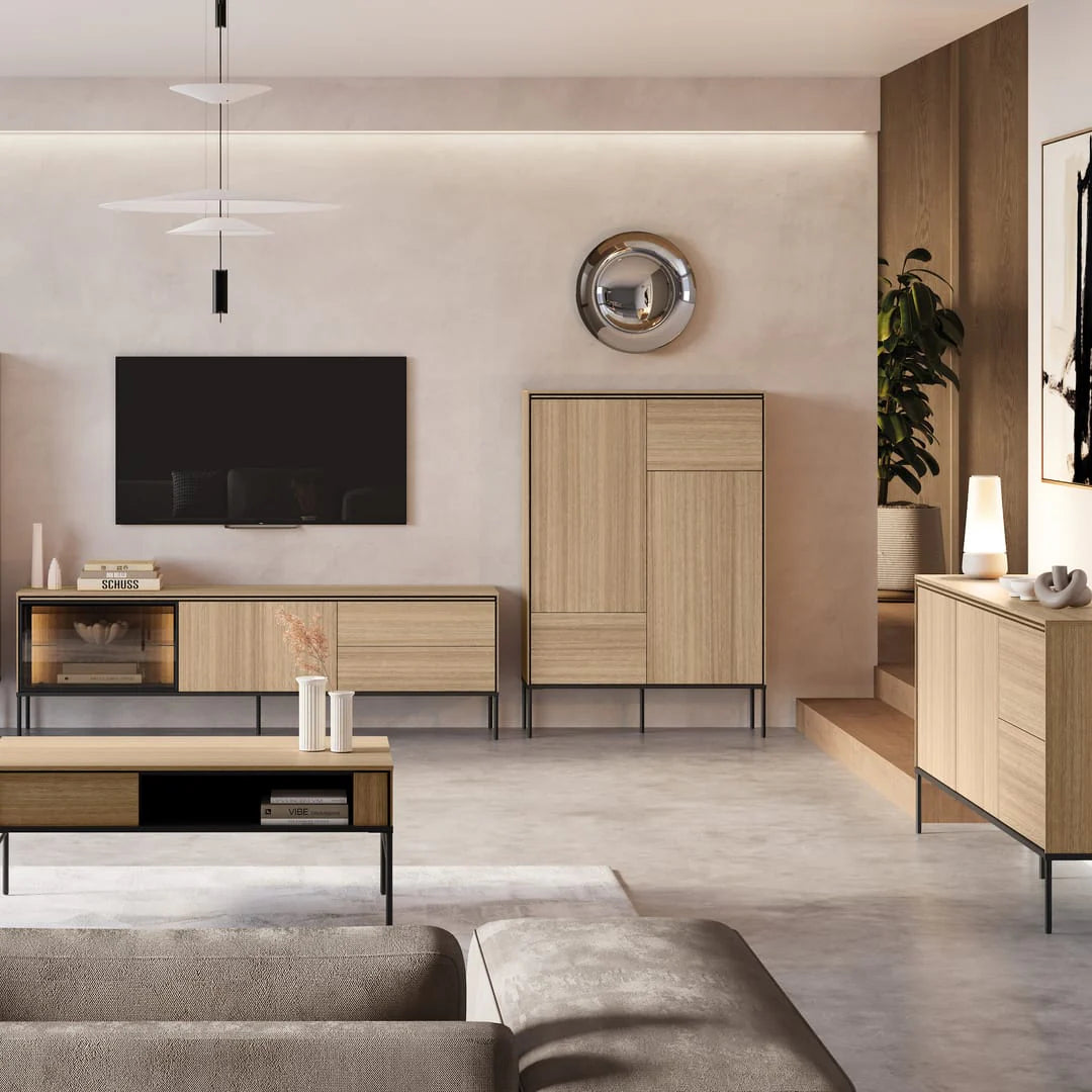 Short sideboard cabinet with wood-look doors, drawers, and black metal legs
