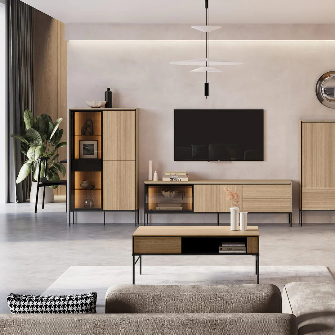Display cabinet with light wood body, open glass compartments, and black accents