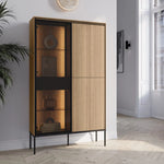 Display cabinet with sliding glass door, light wood frame, and black base legs