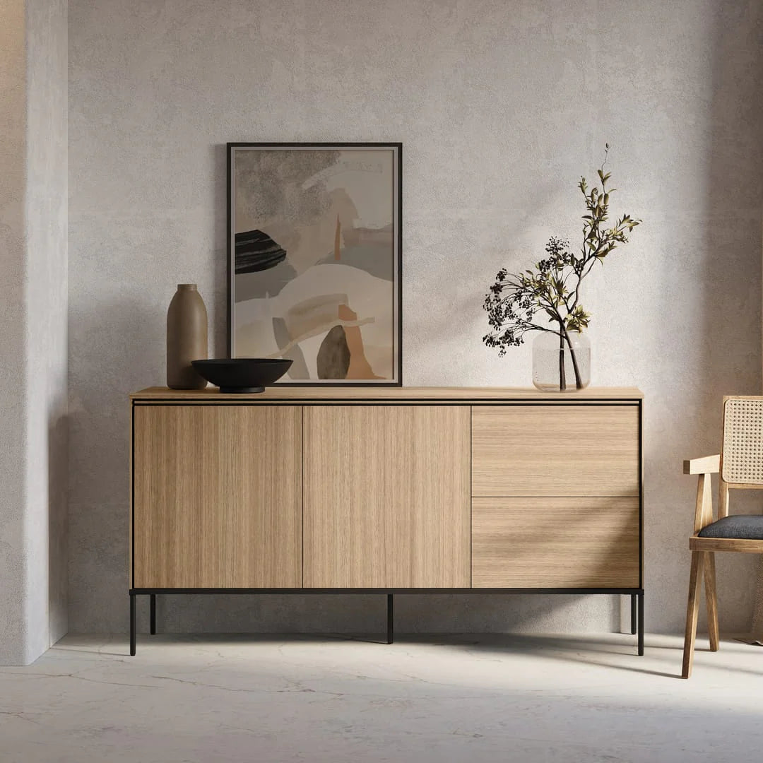 Wood sideboard cabinet with two doors and one drawer, black metal legs